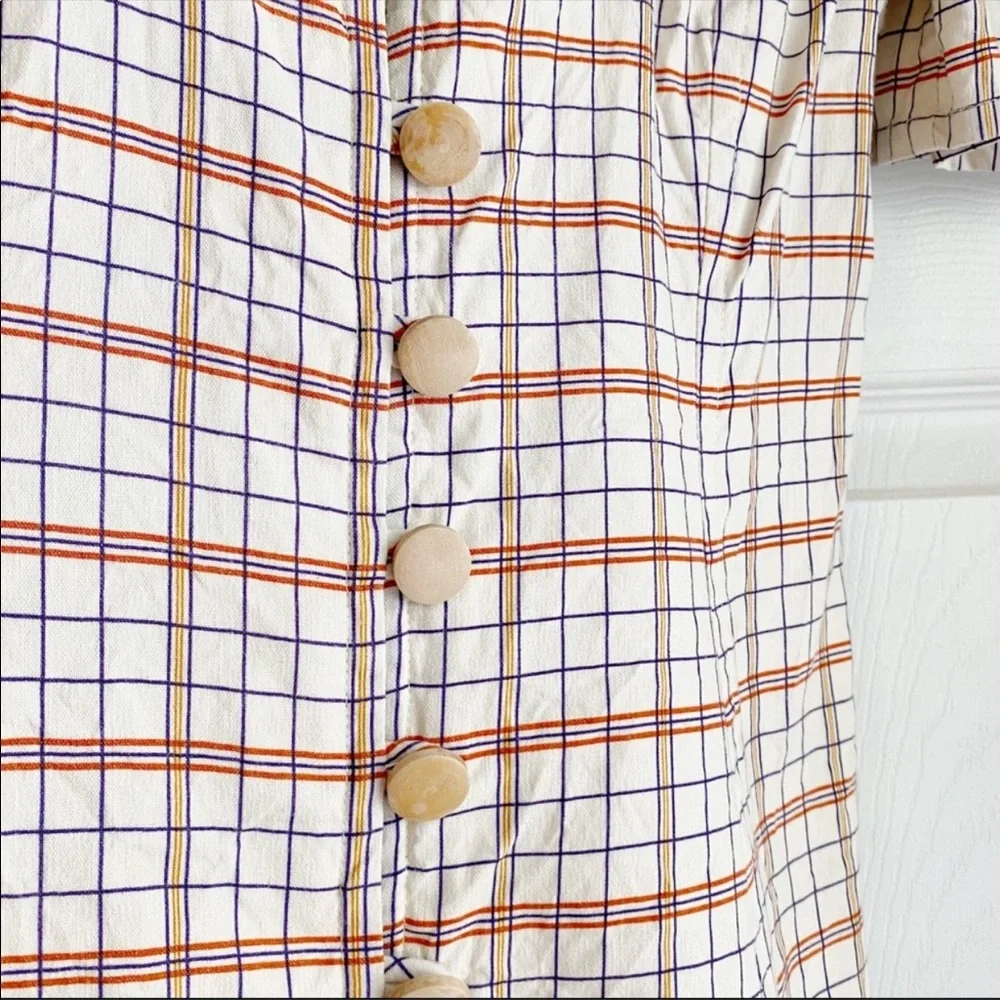 Nicholas Plaid Button Front Puff Sleeve Mini Dress Linen Blend Cream Red Size 2 - Picture 9 of 12